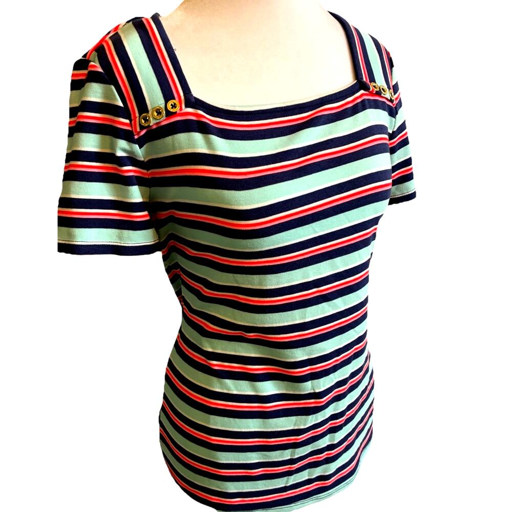 Lilly Pulitzer Beaty Knit Top stripes nautical Coastal Pink Firecracker Gold M